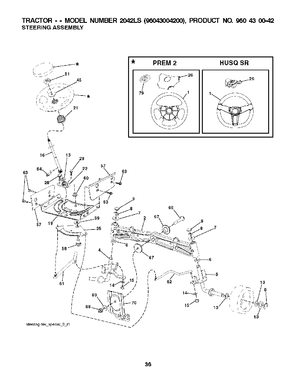 Steering Diagram and Parts List for 2042LS (96043004200)(2008-01) Husqvarna Lawn Tractor