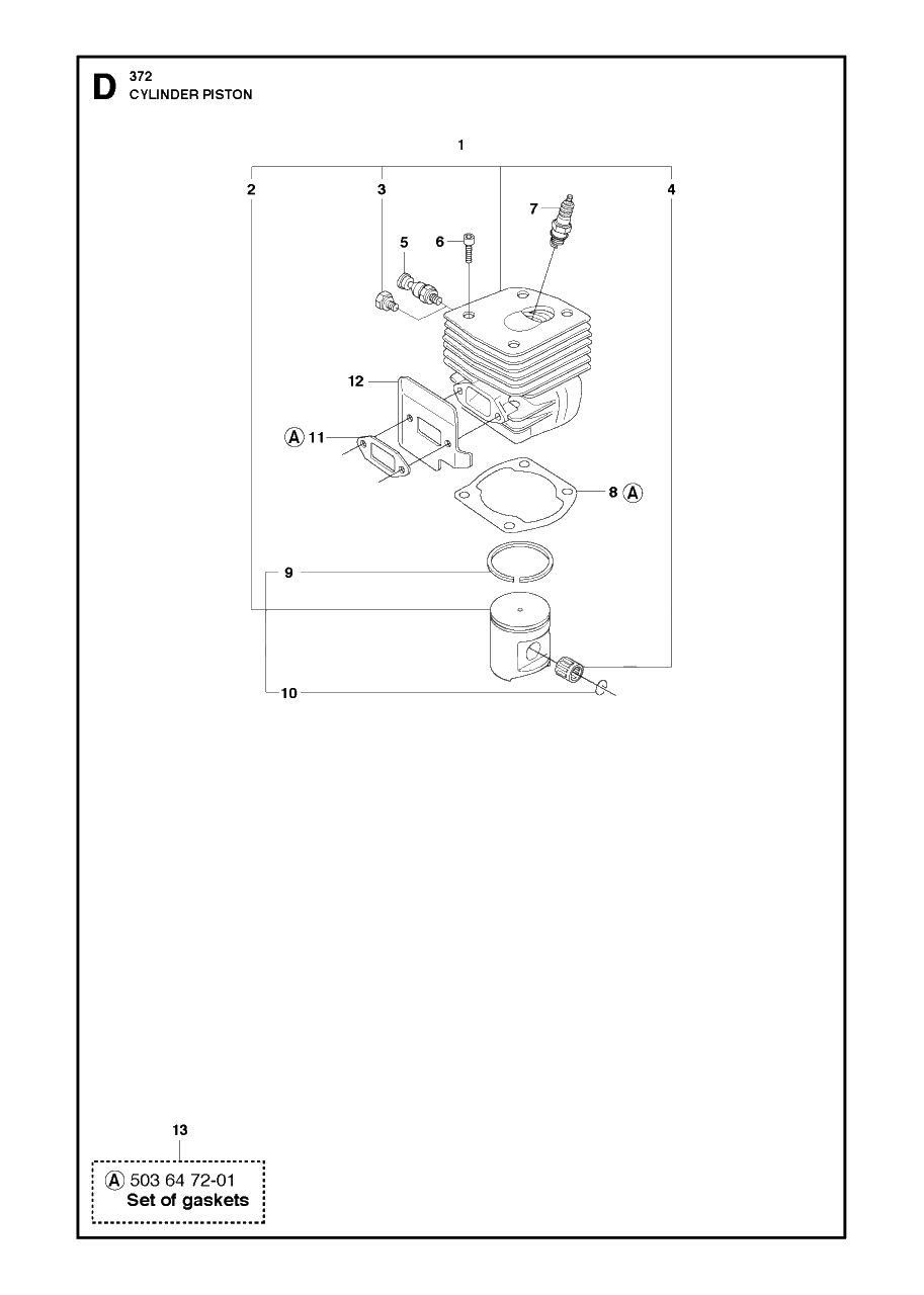 Cylinder Piston Diagram and Parts List for 372XP-XPG 20111800001 & Above Husqvarna Chainsaw