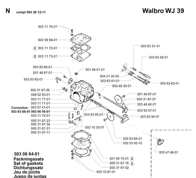 Carburetor Details Diagram and Parts List for 394XP 19960100001-19980900000 Husqvarna Chainsaw