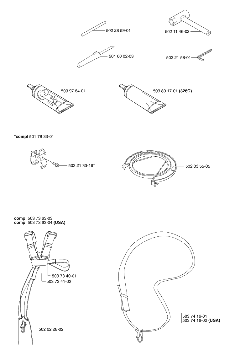 Accessories (B) Diagram and Parts List for 326C (L-LX-RX)(E-Tech 2)(2002-02) Husqvarna Brush Cutter