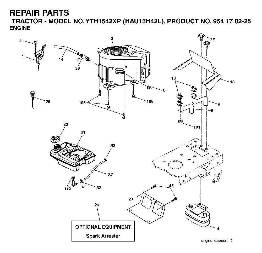 Engine Diagram and Parts List for YTH1542XP (HAU15H42L, 954170225)(2005-05) Husqvarna Lawn Tractor