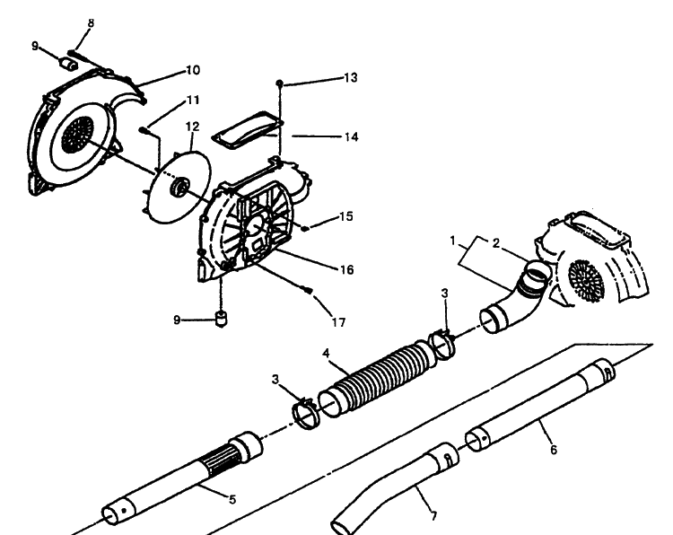 Fan Housing (Old) And Blower Tubes Diagram and Parts List for 145BF 1997-07 Husqvarna Leaf Blower / Vacuum