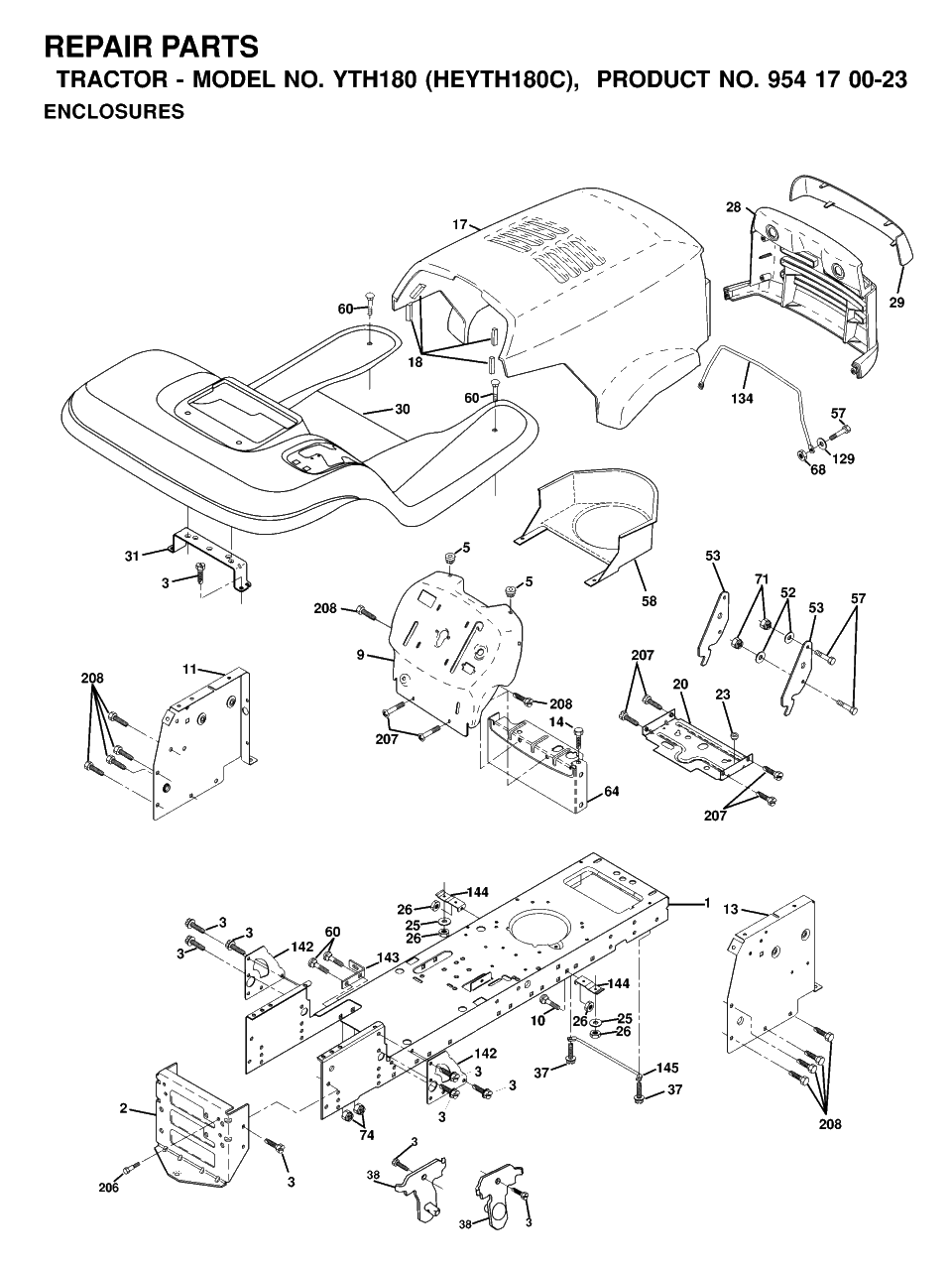 Chassis And Enclosures Diagram and Parts List for YTH180 (954170023-C)(2000-03) Husqvarna Lawn Tractor