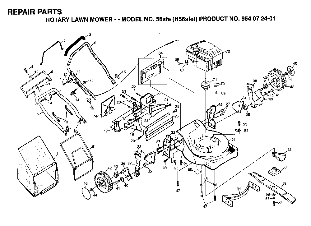 Repair Parts Diagram and Parts List for 56SF (H56SFG, 954072501)(1995-03) Husqvarna Lawn Mower