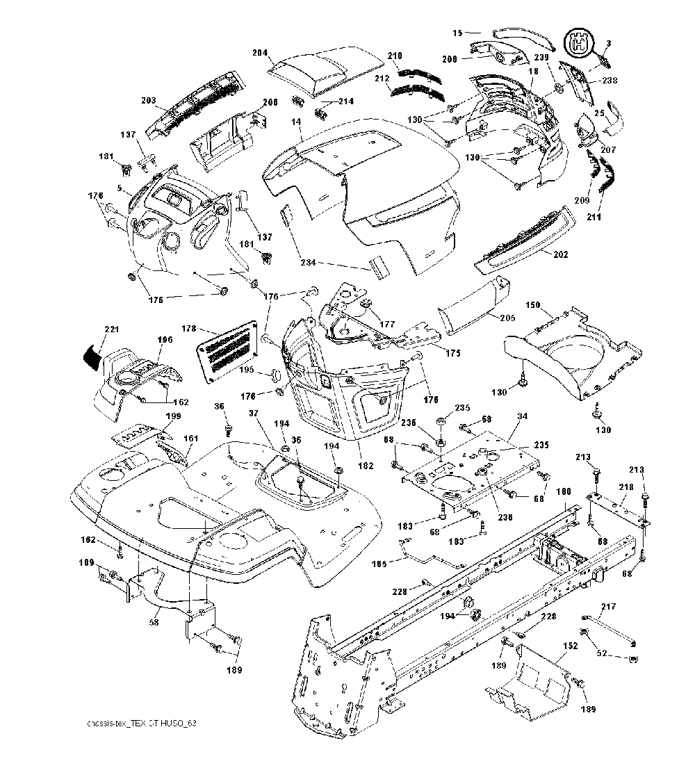 Chassis And Enclosures Diagram and Parts List for GTH260TWIN (96041004504)(2010-03) Husqvarna Lawn Tractor