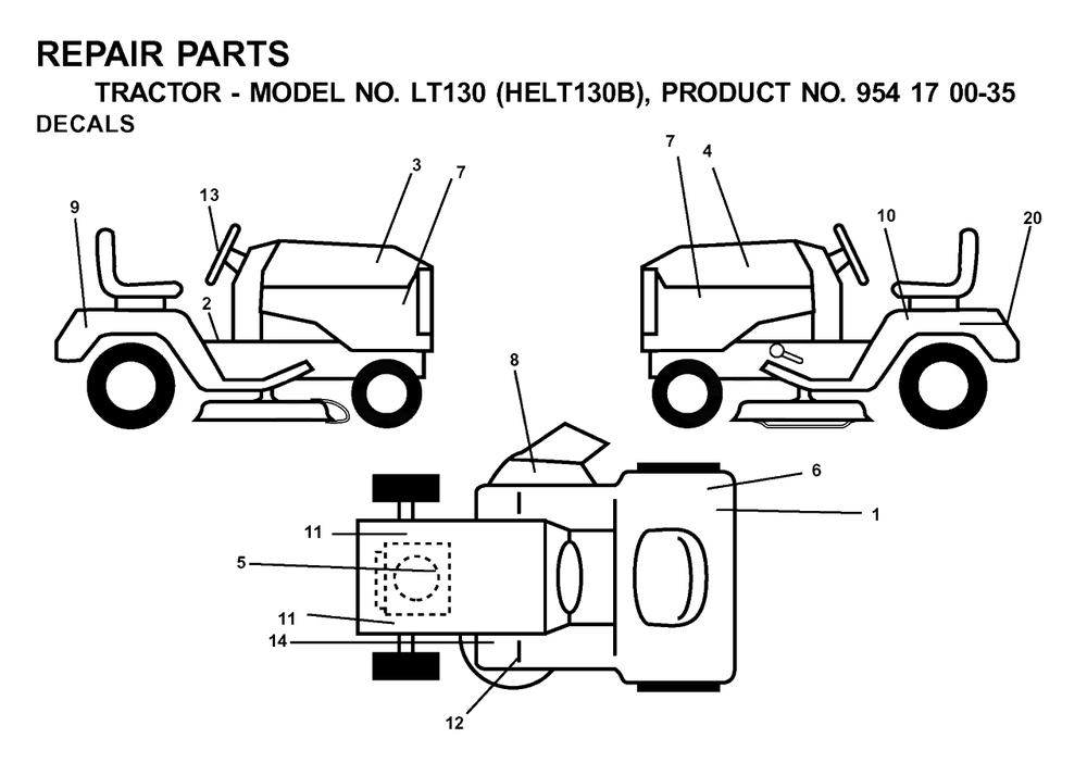 Decals Diagram and Parts List for LT130 (954170035-B)(2001-03) Husqvarna Lawn Tractor