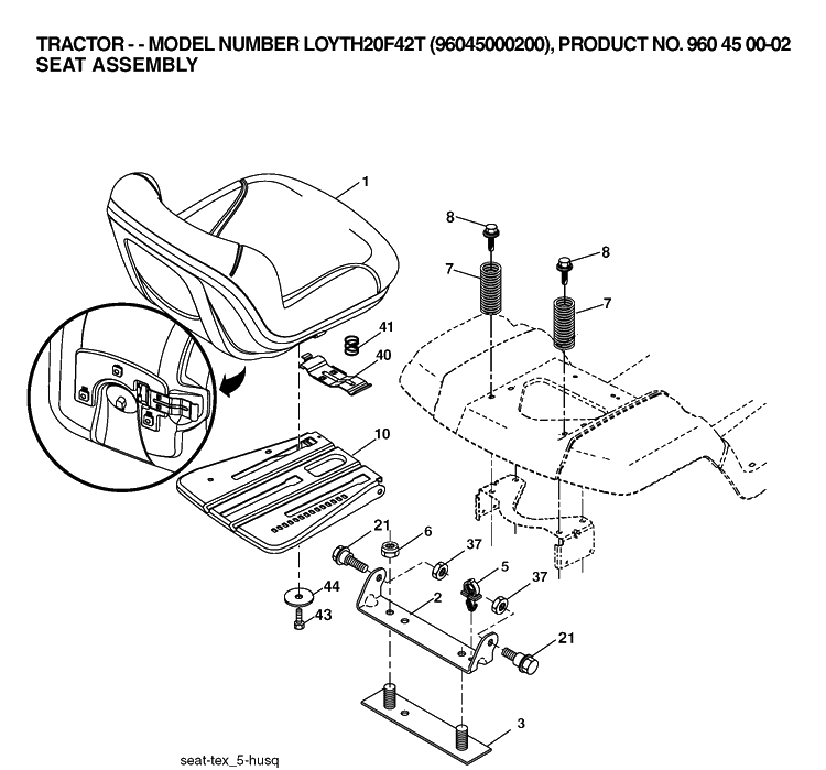 Seat Diagram and Parts List for LOYTH20F42T (96045000200)(2006) Husqvarna Lawn Tractor
