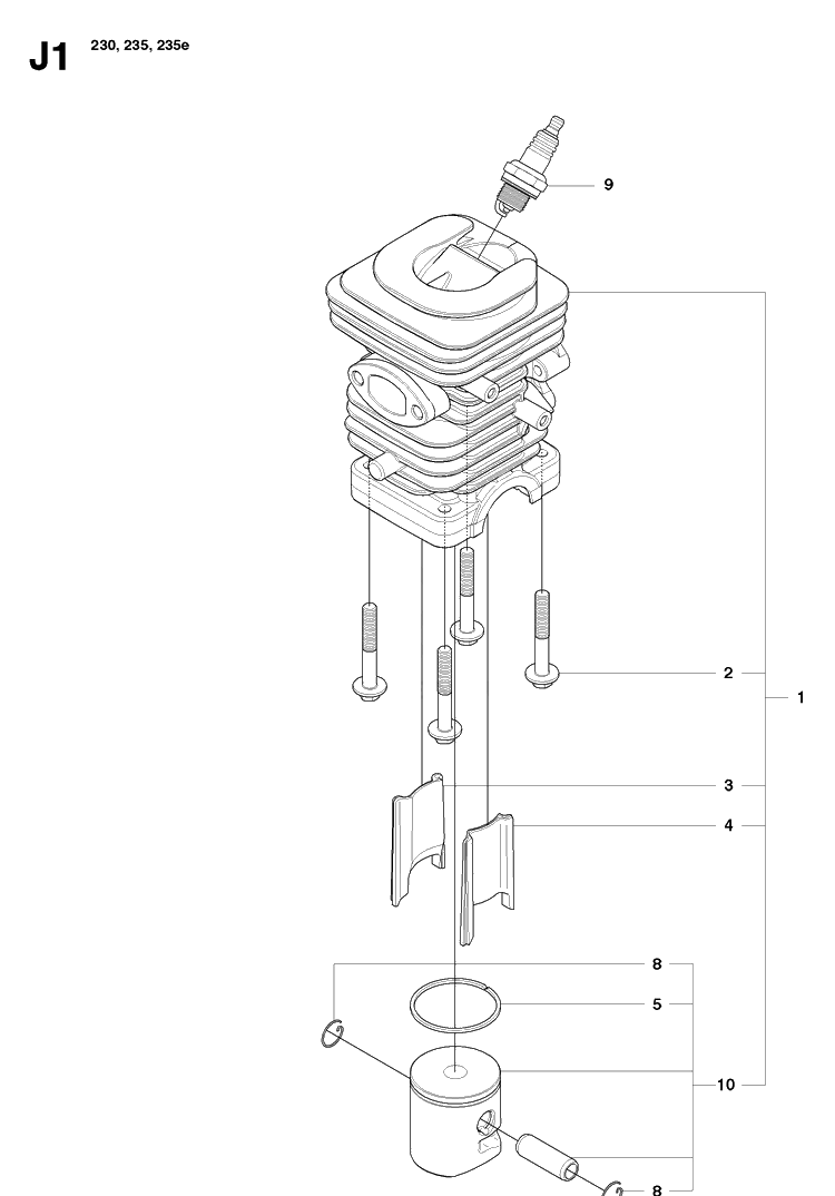 Cylinder Piston Diagram and Parts List for 235E 20091400001-20101400000 Husqvarna Chainsaw