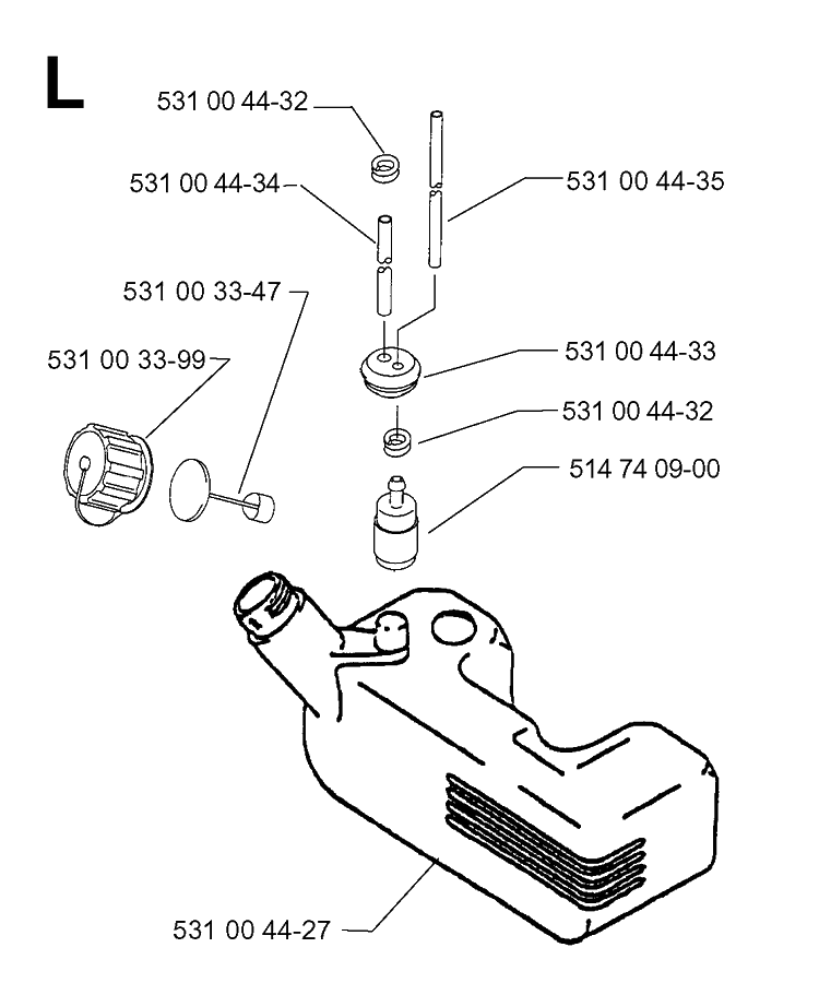 Fuel Tank Diagram and Parts List for 141B 19974000001-20041399999 Husqvarna Leaf Blower / Vacuum