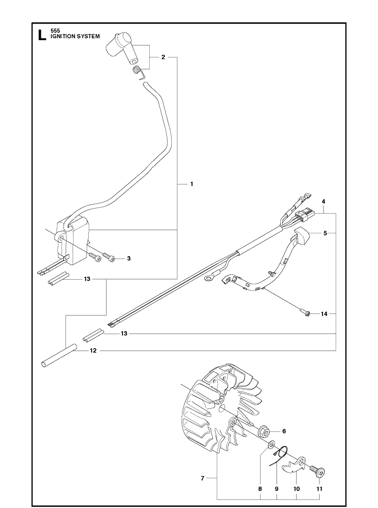 Ignition System Diagram and Parts List for 555 2011-03 Husqvarna Chainsaw