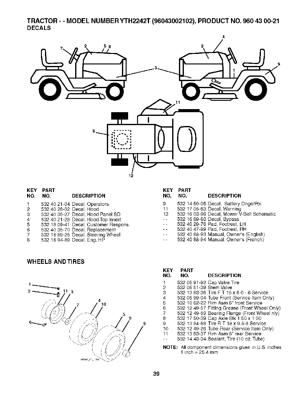 Wheels And Tires Diagram and Parts List for YTH2242T96043002102 2008-01 Husqvarna Lawn Tractor