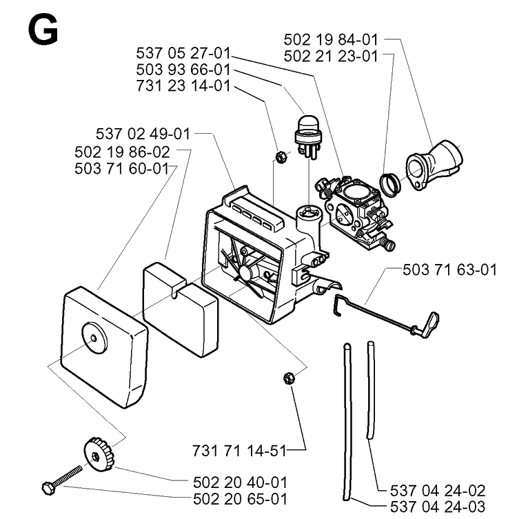 Carburetor And Air Filter Diagram and Parts List for 227RD 19993600001-20004000000 Husqvarna Brush Cutter