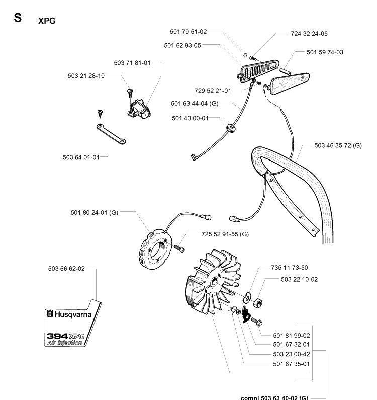 Electrical Diagram and Parts List for 394XP 19980900001-Current Husqvarna Chainsaw