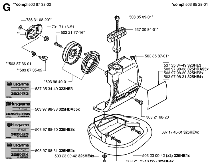 Starter Diagram and Parts List for 323HE3 20050600001-20053600000 Husqvarna Hedge Trimmer
