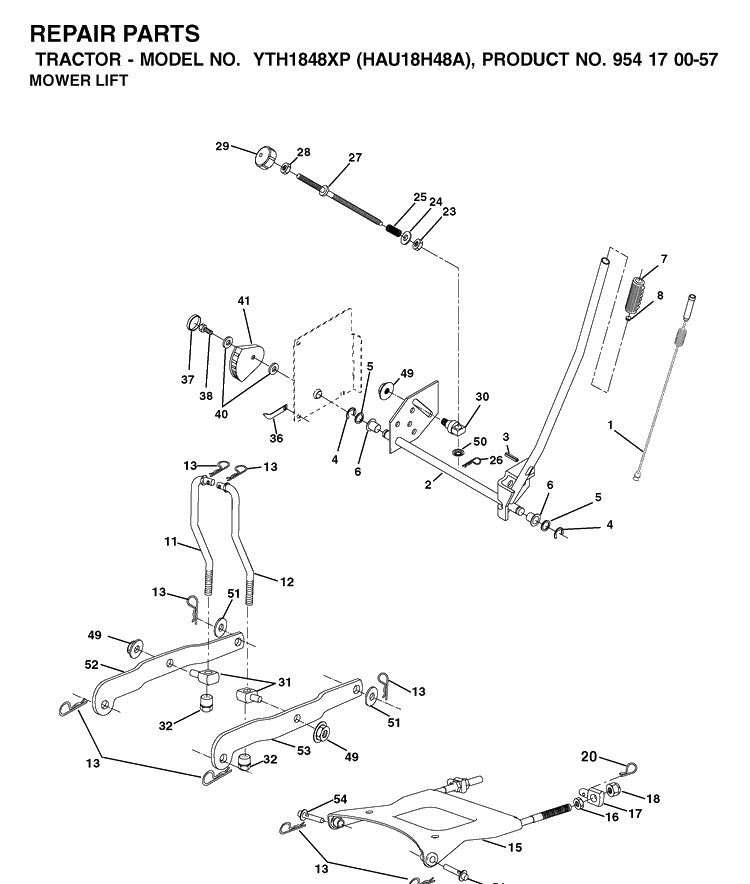 Mower Lift / Deck Lift Diagram and Parts List for YTH1848XP (HAU18H48A)(2003-01) Husqvarna Lawn Tractor