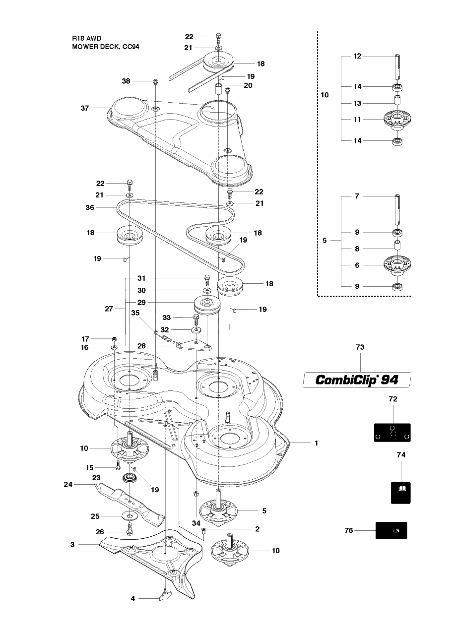Mower Deck / Cutting Deck 2 Diagram and Parts List for R18AWD (966414101)(2010-07) Husqvarna Lawn Tractor