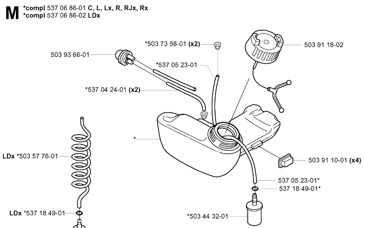 Fuel Tank Diagram and Parts List for 326LX 20061400001-20070100000 Husqvarna Edger