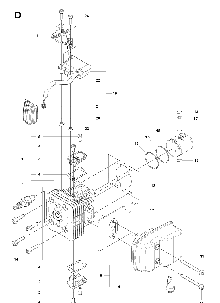 Cylinder, Piston And Muffler Diagram and Parts List for 226HS99S 20080500001-20130500000 Husqvarna Hedge Trimmer