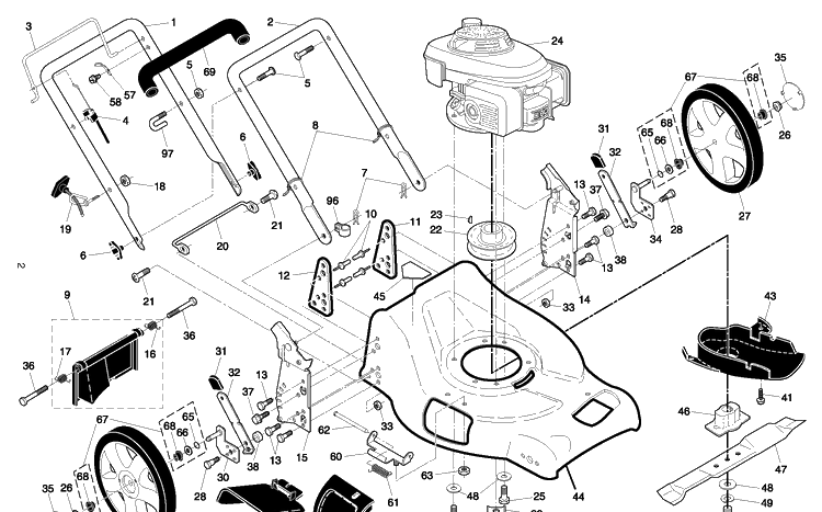 Frame And Engine Diagram and Parts List for R53SVW (95417024301)(2005-02) Husqvarna Lawn Mower