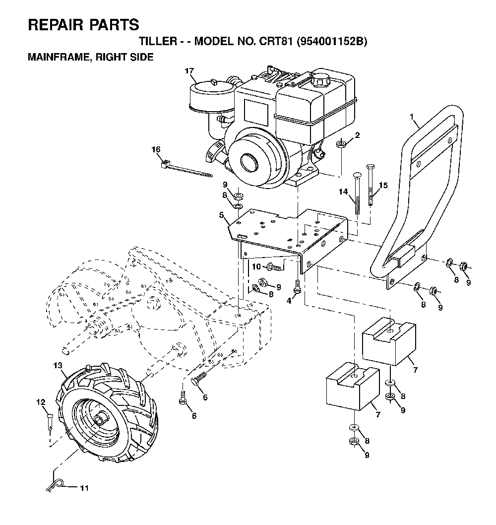 Mainframe, Right Side Diagram and Parts List for CRT81 (954001152B)(1995-12) Husqvarna Tiller