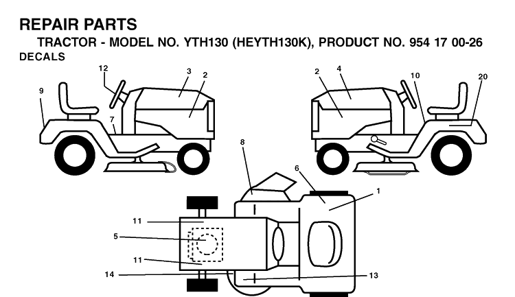 Decals Diagram and Parts List for YTH130 (HEYTH130K)(2001-01) Husqvarna Lawn Tractor