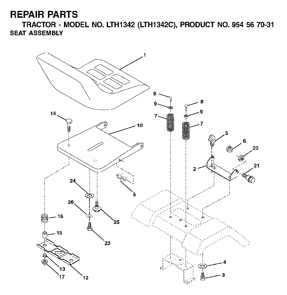Seat Diagram and Parts List for LTH1342 (LTH1342C, 954567031)(2001-11) Husqvarna Lawn Tractor