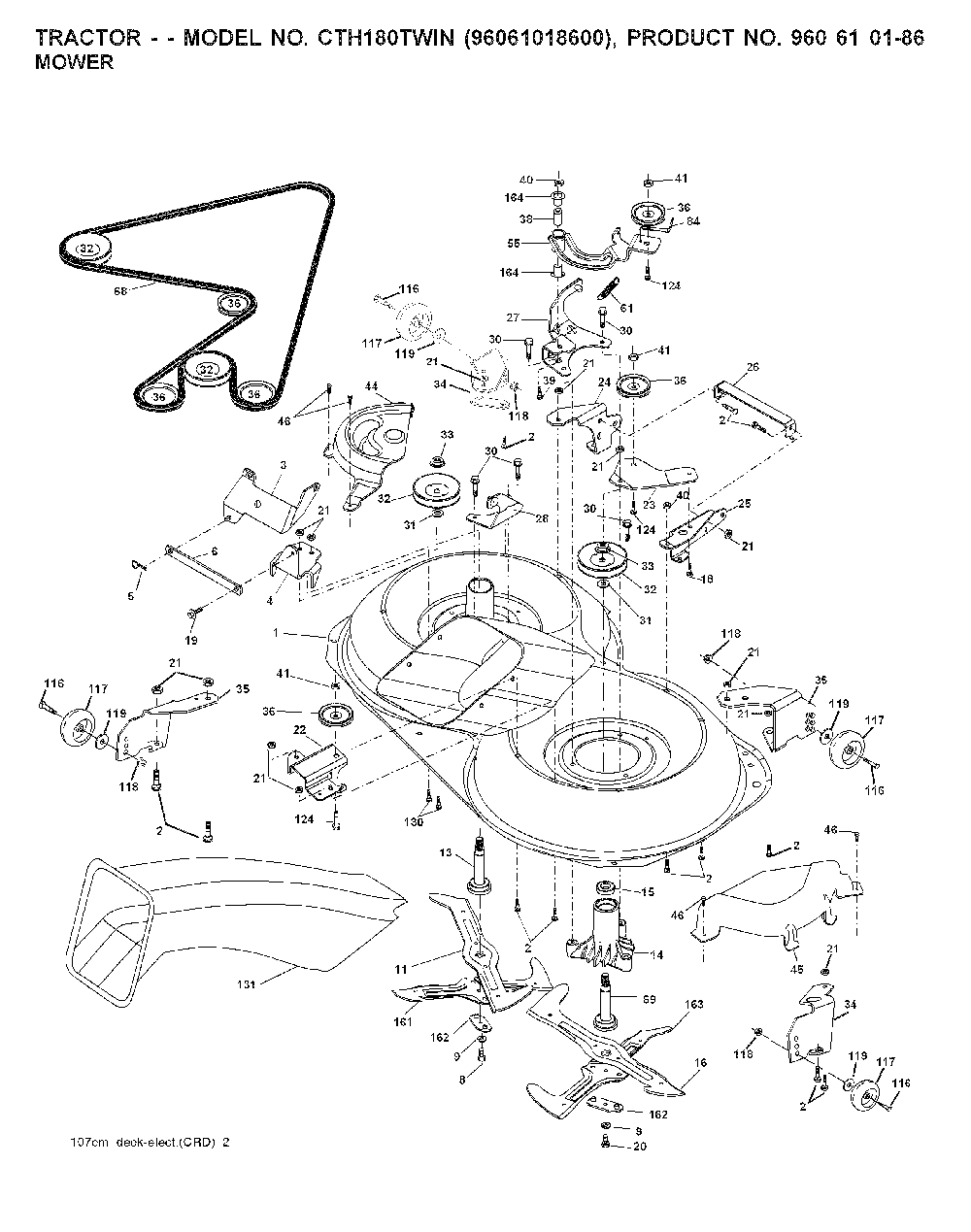 Mower Deck / Cutting Deck Diagram and Parts List for CTH180TWIN (96061018600)(2008-08) Husqvarna Lawn Tractor