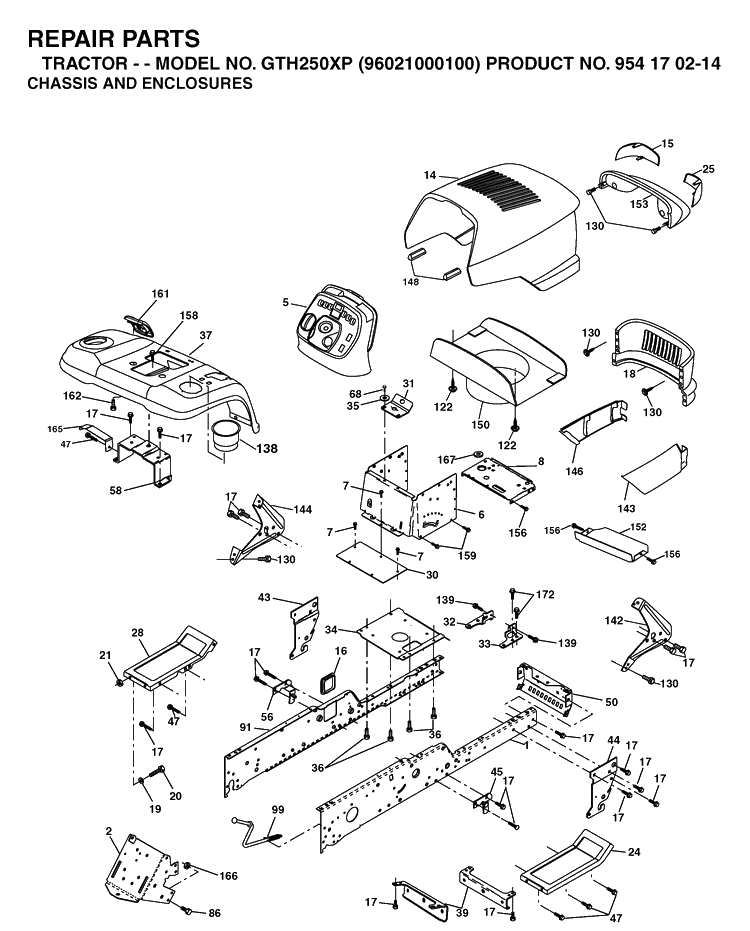Chassis And Enclosures Diagram and Parts List for GTH250XP (96021000100)(2005-01) Husqvarna Lawn Tractor