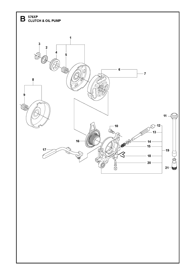 Clutch And Oil Pump Diagram and Parts List for 576XP-576XPEPA 20100100001-20110100000 Husqvarna Chainsaw