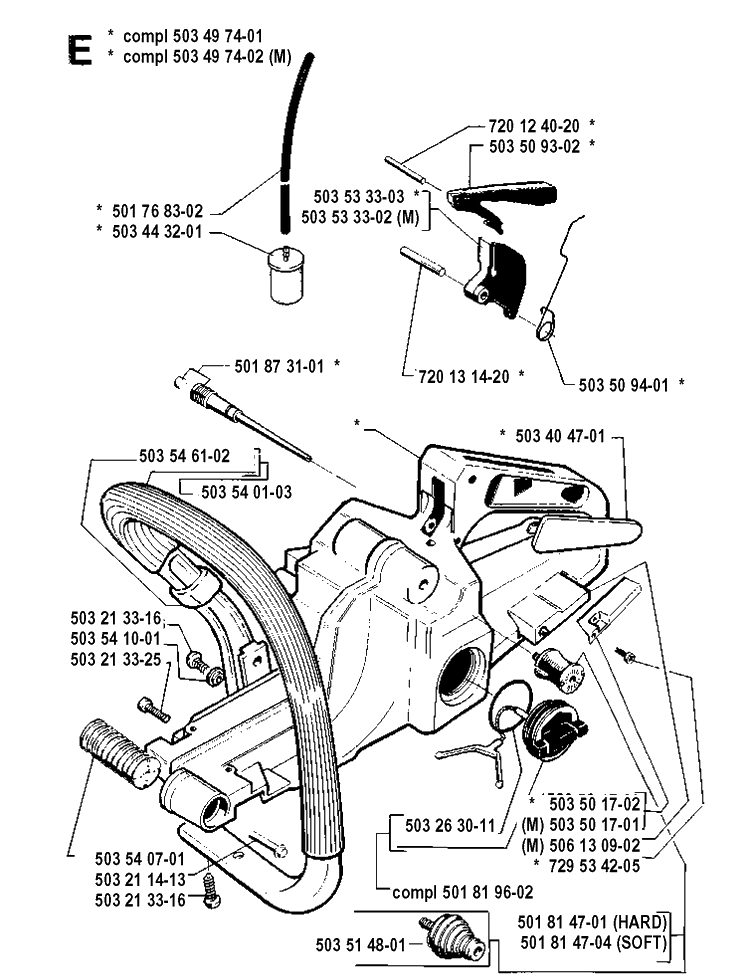 Fuel Tank And Handle Diagram and Parts List for 262XP 19910900001-19924400000 Husqvarna Chainsaw
