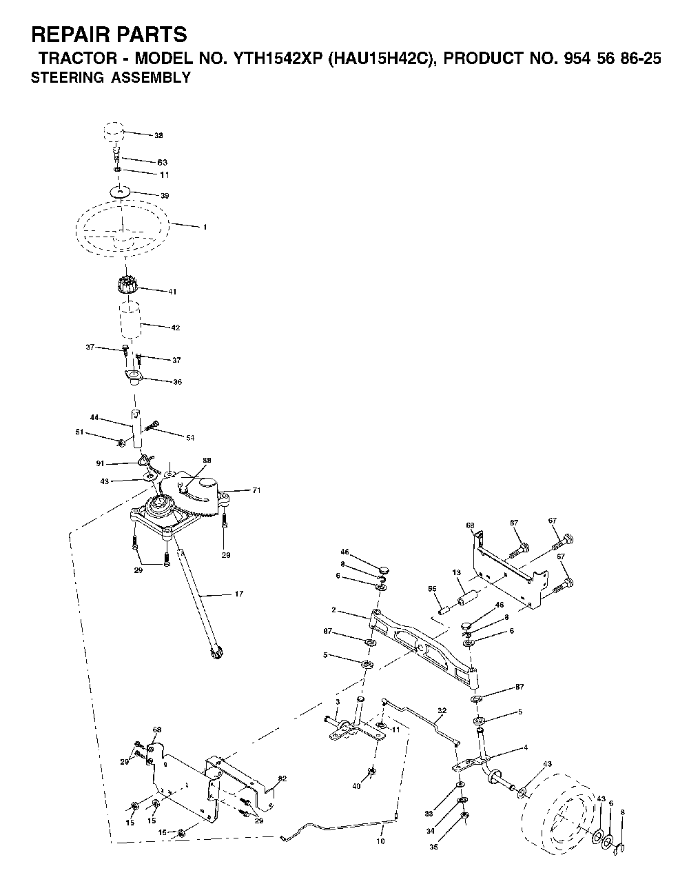 Steering Diagram and Parts List for YTH1542XP (HAU15H42C, 954568625)(2003-01) Husqvarna Lawn Tractor