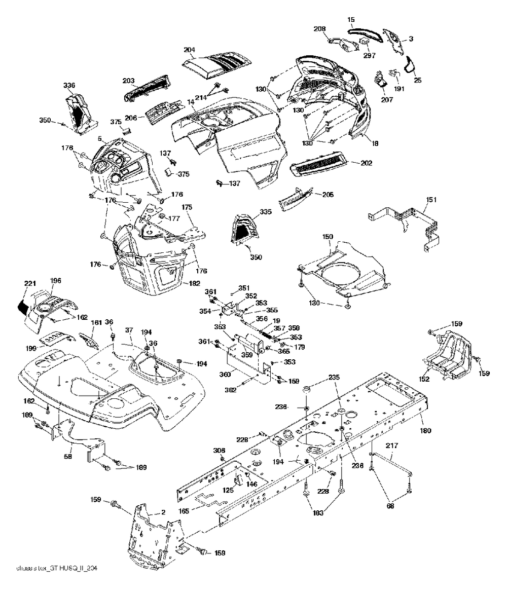 Chassis / Frame Diagram and Parts List for GT48DXLS (960430233-00)(2016-11) Husqvarna Lawn Tractor