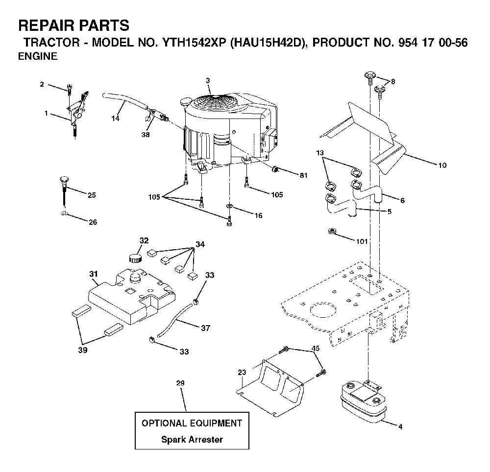 Engine Diagram and Parts List for YTH1542XP (HAU15H42D, 954170056)(2003-01) Husqvarna Lawn Tractor