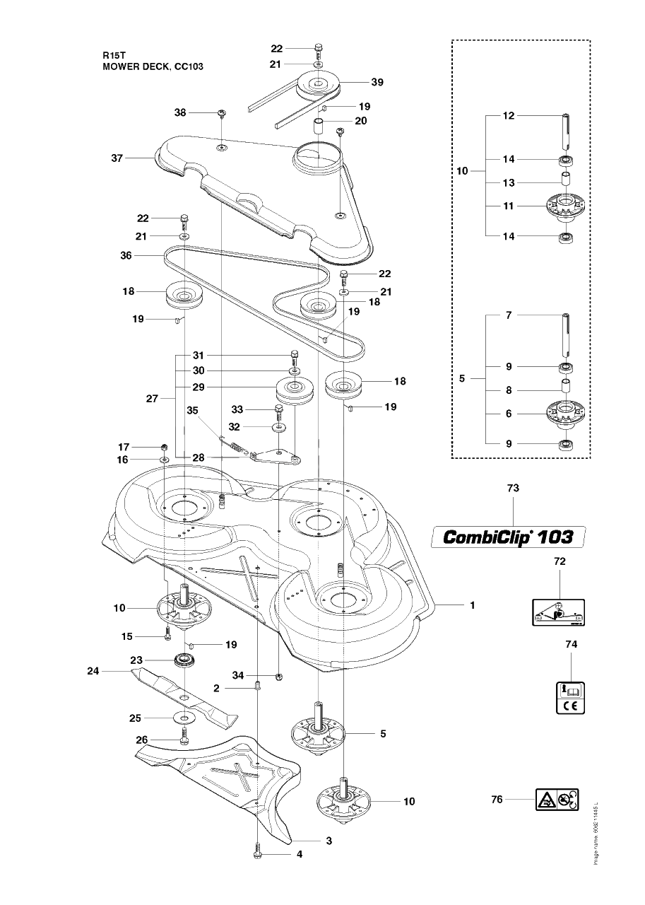 Mower Deck / Cutting Deck Diagram and Parts List for R15T (966414201)(2010-07) Husqvarna Lawn Tractor