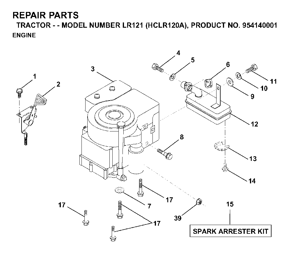 Engine Diagram and Parts List for LR121 (HCLR120A, 954140001)(1996-08) Husqvarna Lawn Tractor