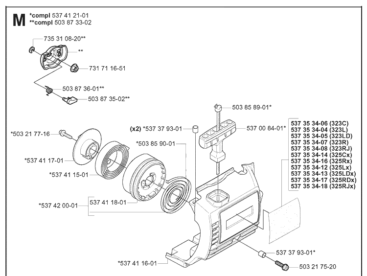Starter Diagram and Parts List for 323R 20051800001-20061400000 Husqvarna Brush Cutter