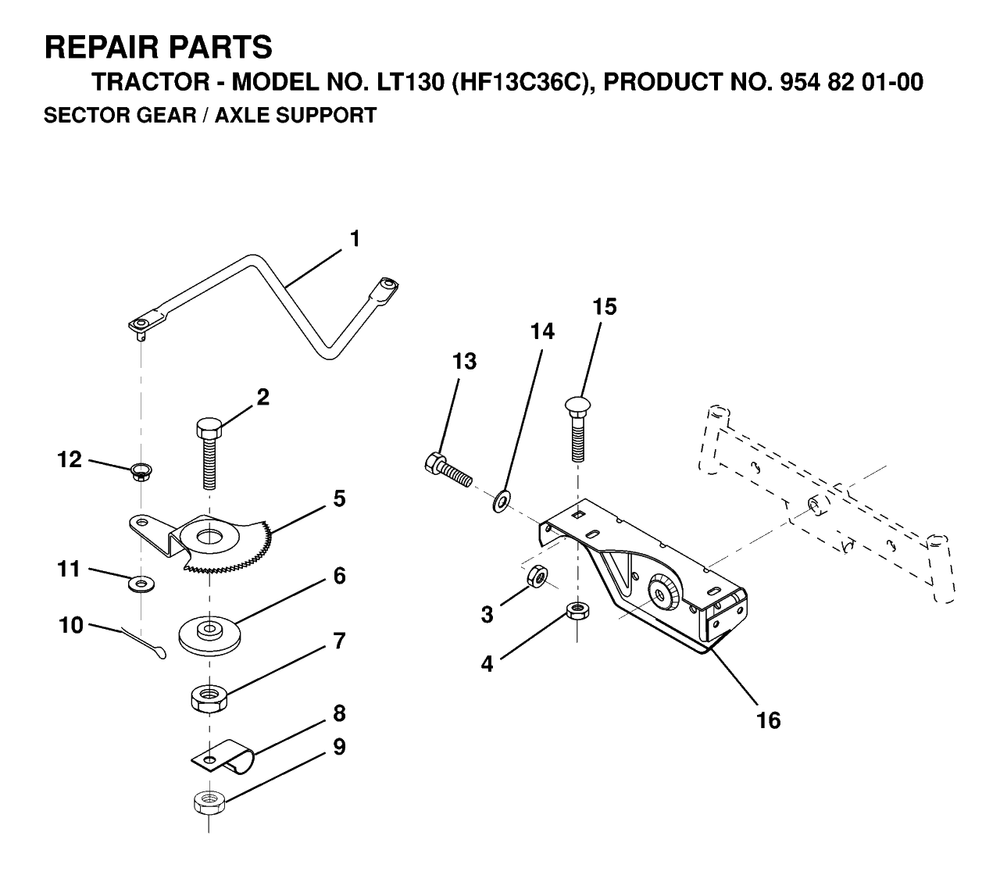 Sector Gear / Axle Support Diagram and Parts List for LT130 (954820100-C)(1998-12) Husqvarna Lawn Tractor