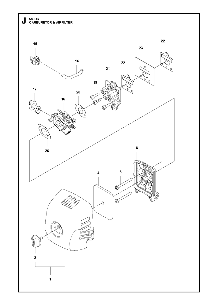 Carburetor And Air Filter Diagram and Parts List for 543RS 20141800001-20192200000 Husqvarna Brush Cutter