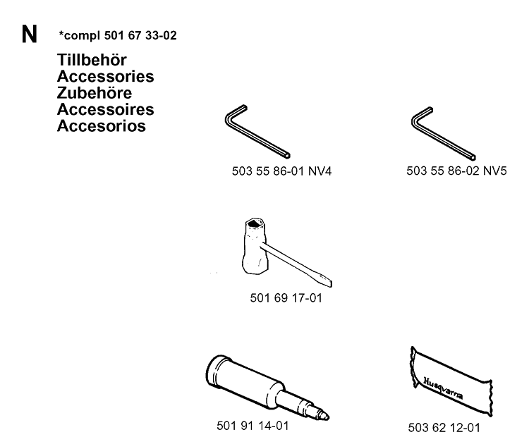 Accessories Diagram and Parts List for 261 19981000001-19992399999 Husqvarna Chainsaw