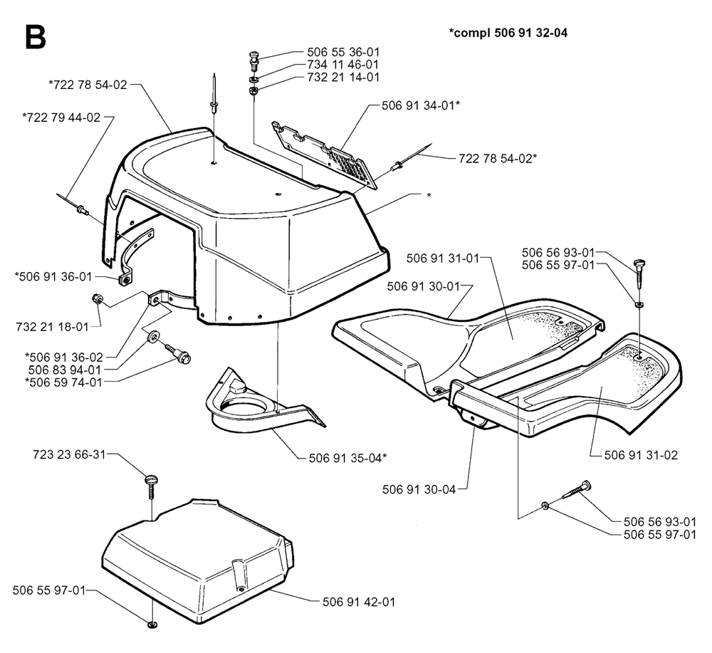 Hood Diagram and Parts List for R970 1997-03 Husqvarna Lawn Tractor