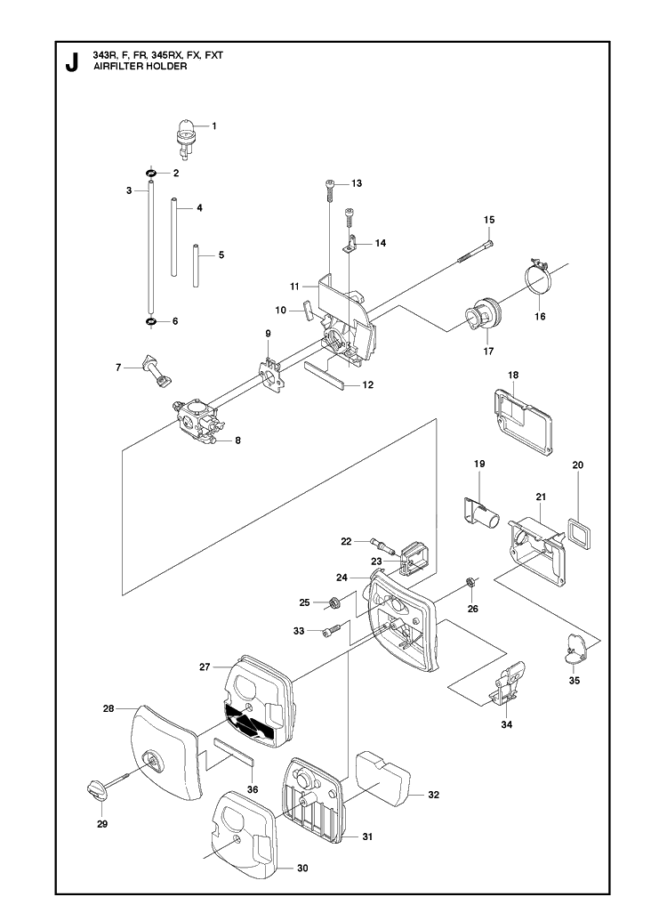Air Filter Diagram and Parts List for 343F  Husqvarna Brush Cutter