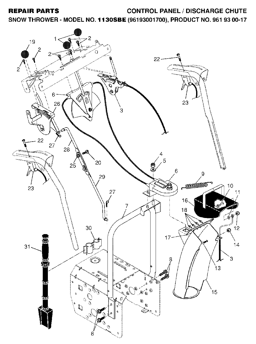 Control Panel And Discharge Chute Diagram and Parts List for 1130SBE (96193001700, 961930017)(2006-08) Husqvarna Snow Blower