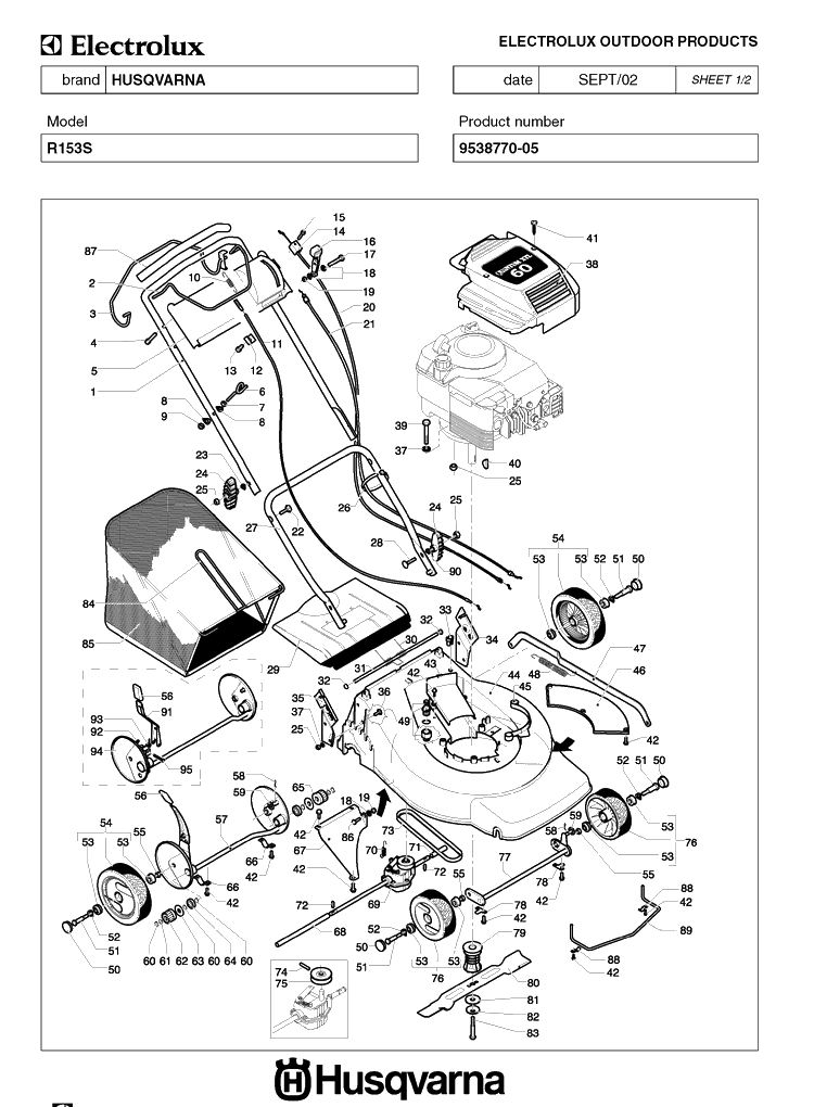 Product Complete Diagram and Parts List for ROYAL153 (953877005)(2002-10) Husqvarna Lawn Mower