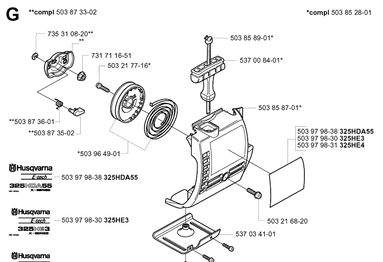 Starter Diagram and Parts List for 325HDA55 (X-SERIES)(20010100001-20011800000) Husqvarna Hedge Trimmer