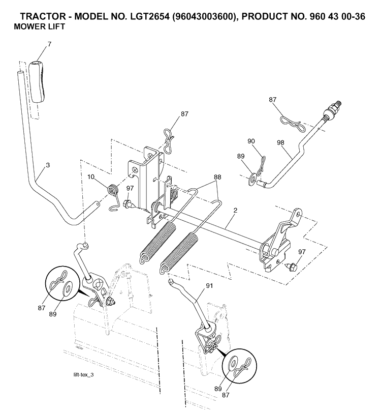 Mower Lift / Deck Lift Diagram and Parts List for LGT2654 (96043003600)(2006-12) Husqvarna Lawn Tractor