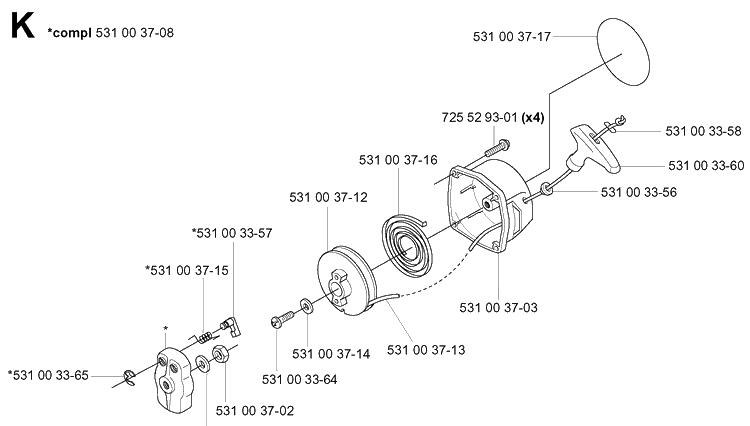 Starter Diagram and Parts List for 155B 20014000001-20041499999 Husqvarna Leaf Blower / Vacuum