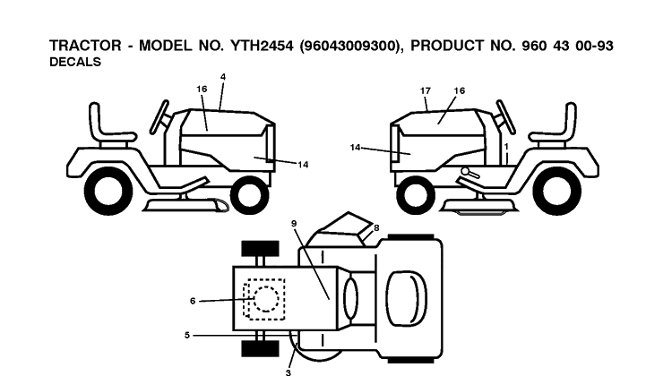 Decals Diagram and Parts List for YTH2454 (96043009300)(2009-10) Husqvarna Lawn Tractor