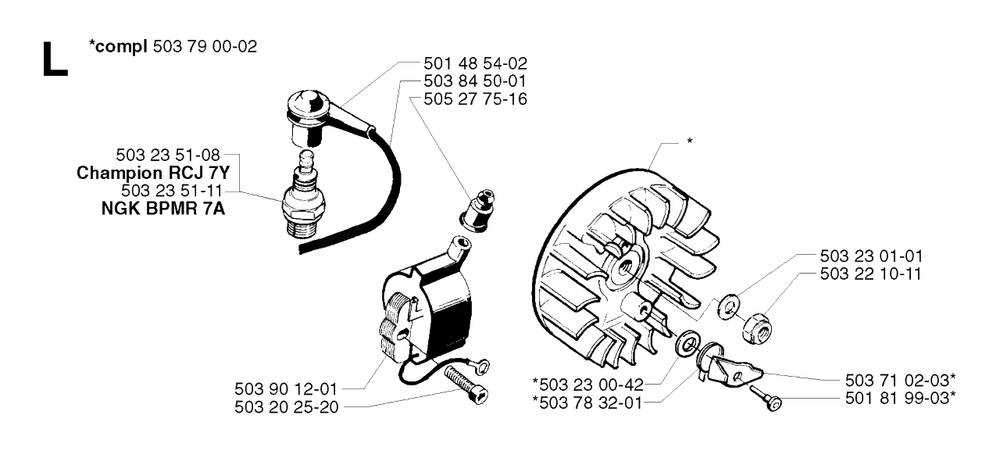 Ignition System Diagram and Parts List for 245RX 20023100001 & Above Husqvarna Trimmer