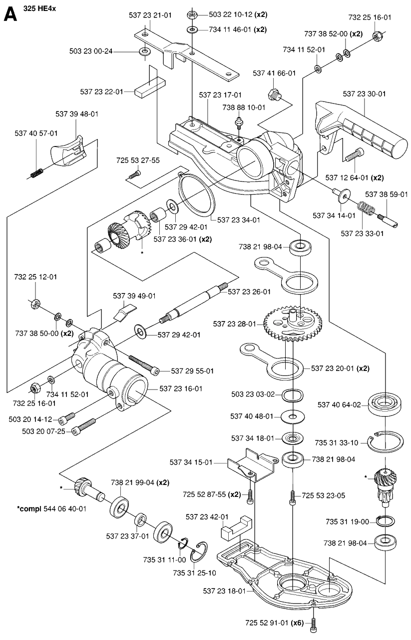 Gear Housing Diagram and Parts List for 325HDA55X 20053600001 - 20054000000 Husqvarna Hedge Trimmer