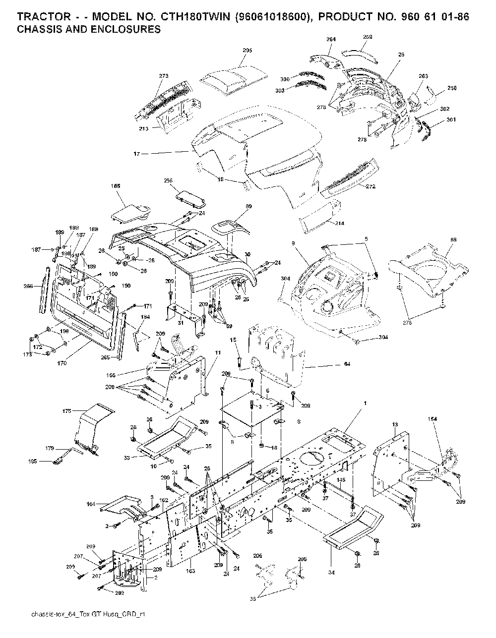 Chassis And Enclosures Diagram and Parts List for CTH180TWIN (96061018600)(2008-08) Husqvarna Lawn Tractor